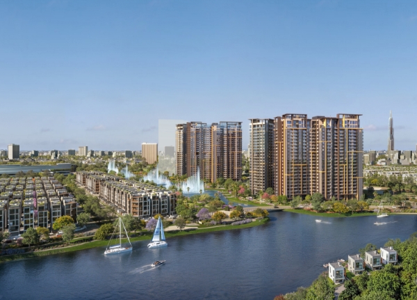 Masteri Park Place sở hữu vị thế giáp thủy độc đáo: một mặt hướng sông Rạch Chiếc, một mặt hướng kênh đào nhạc nước sôi động. Ảnh: Masteri Park Place.